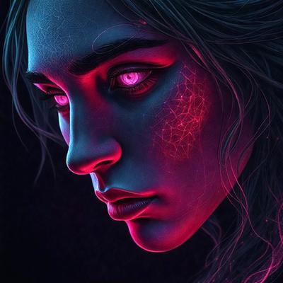 The primary subject of the image is a woman with a pink and purple hue to her eyes. She is looking directly at the camera, and her eyes are glowing with a pink and purple light. The setting is a dark room, and the visual style appears to be a digital art or illustration. The colors and mood of the image are dramatic and intense, creating a striking and captivating scene.